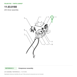 24V driver assembly, part 11.03.0180: 24V Compressor assembly diagram with reference 3 highlighted in green. Other assembly components are not included.