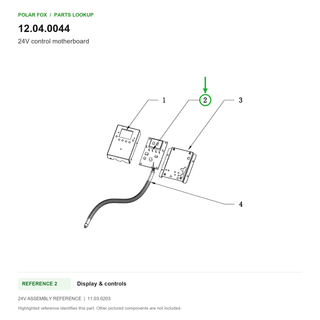 24V control motherboard, part 12.04.0044: 24V Display & controls diagram with reference 2 highlighted in green. Other assembly components are not included.