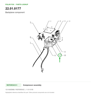 Backplane component, part 22.01.0177: 12V Compressor assembly diagram with reference 9 highlighted in green. Other assembly components are not included.