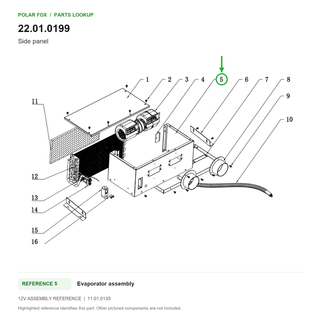 Side panel, part 22.01.0199: 12V Evaporator assembly diagram with reference 5 highlighted in green. Other assembly components are not included.