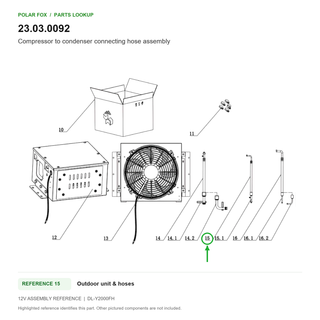 Compressor to condenser connecting hose assembly, part 23.03.0092: 12V Outdoor unit & hoses diagram with reference 15 highlighted in green. Other assembly components are not included.