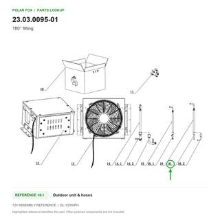 180° fitting, part 23.03.0095-01: 12V Outdoor unit & hoses diagram with reference 16.1 highlighted in green. Other assembly components are not included.