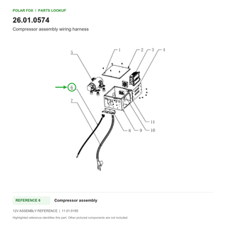 Compressor assembly wiring harness, part 26.01.0574: 12V Compressor assembly diagram with reference 6 highlighted in green. Other assembly components are not included.