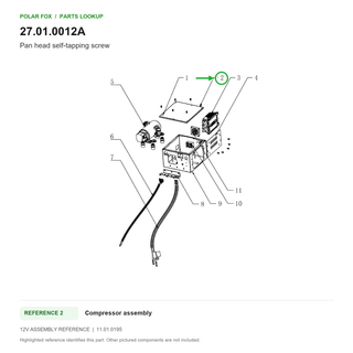 Pan head self-tapping screw, part 27.01.0012A: 12V Compressor assembly diagram with reference 2 highlighted in green. Other assembly components are not included.