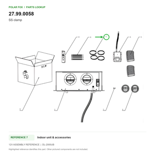 SS clamp, part 27.99.0058: 12V Indoor unit & accessories diagram with reference 7 highlighted in green. Other assembly components are not included.