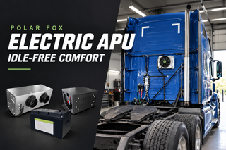 Polar Fox electric APU and idle-free comfort, with a blue sleeper truck and green Polar Fox logo on the rear-mounted fan.