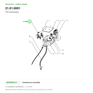 12V compressor, part 21.01.0001: 12V Compressor assembly diagram with reference 5 highlighted in green. Other assembly components are not included.