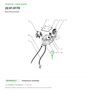 Mounting bracket, part 22.01.0178: 12V Compressor assembly diagram with reference 8 highlighted in green. Other assembly components are not included.
