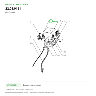 Roof panel, part 22.01.0181: 12V Compressor assembly diagram with reference 1 highlighted in green. Other assembly components are not included.