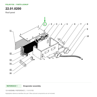 Roof panel, part 22.01.0200: 12V Evaporator assembly diagram with reference 1 highlighted in green. Other assembly components are not included.
