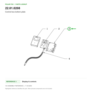 Control box bottom plate, part 22.01.0208: 12V Display & controls diagram with reference 3 highlighted in green. Other assembly components are not included.