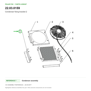 Condenser fixing bracket 2, part 22.03.0159: 12V Condenser assembly diagram with reference 7 highlighted in green. Other assembly components are not included.