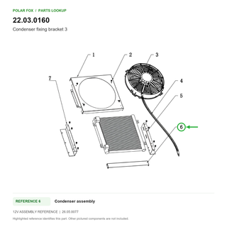 Condenser fixing bracket 3, part 22.03.0160: 12V Condenser assembly diagram with reference 6 highlighted in green. Other assembly components are not included.