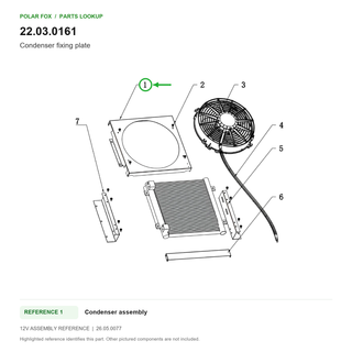 Condenser fixing plate, part 22.03.0161: 12V Condenser assembly diagram with reference 1 highlighted in green. Other assembly components are not included.