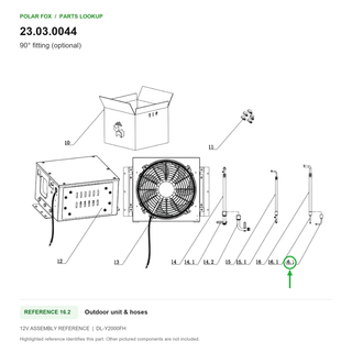 90° fitting (optional), part 23.03.0044: 12V Outdoor unit & hoses diagram with reference 16.2 highlighted in green. Other assembly components are not included.