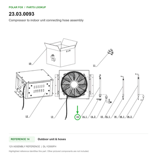 Compressor to indoor unit connecting hose assembly, part 23.03.0093: 12V Outdoor unit & hoses diagram with reference 14 highlighted in green. Other assembly components are not included.