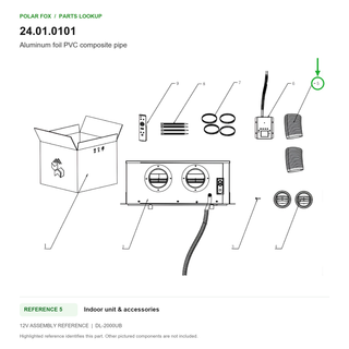 Aluminum foil PVC composite pipe, part 24.01.0101: 12V Indoor unit & accessories diagram with reference 5 highlighted in green. Other assembly components are not included.