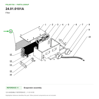 Filter, part 24.01.0101A: 12V Evaporator assembly diagram with reference 11 highlighted in green. Other assembly components are not included.