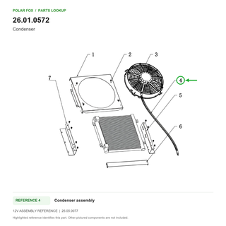 Condenser, part 26.01.0572: 12V Condenser assembly diagram with reference 4 highlighted in green. Other assembly components are not included.