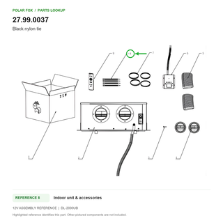 Black nylon tie, part 27.99.0037: 12V Indoor unit & accessories diagram with reference 8 highlighted in green. Other assembly components are not included.