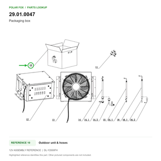 Packaging box, part 29.01.0047: 12V Outdoor unit & hoses diagram with reference 10 highlighted in green. Other assembly components are not included.
