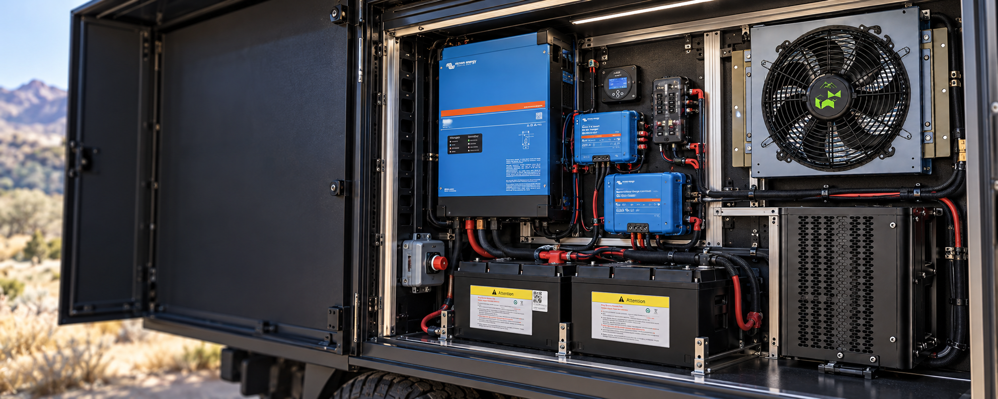 Illustrative custom equipment bay with Victron power components, Polar Fox cooling, and lithium batteries