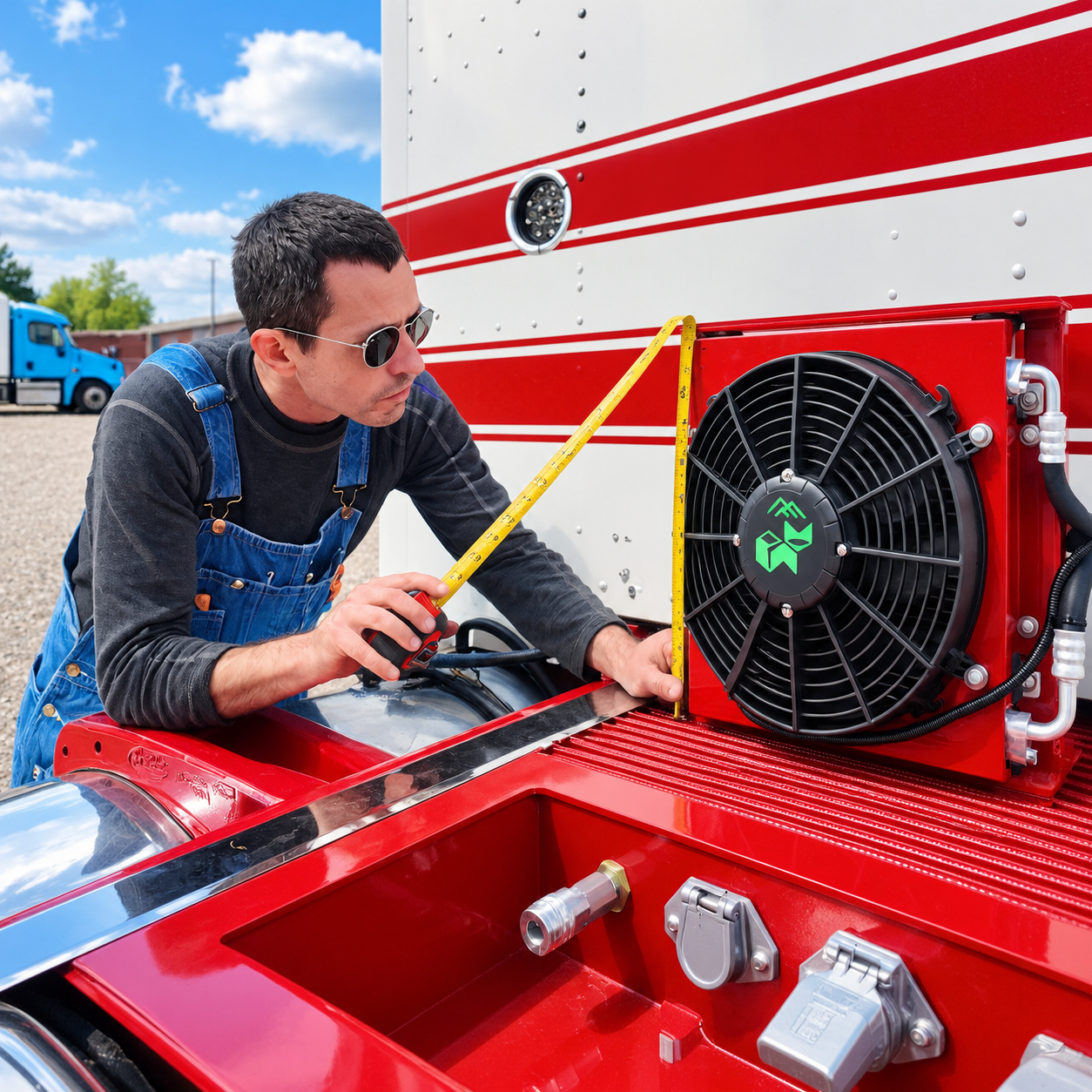 Mechanic measuring a truck-mounted cooling fan
