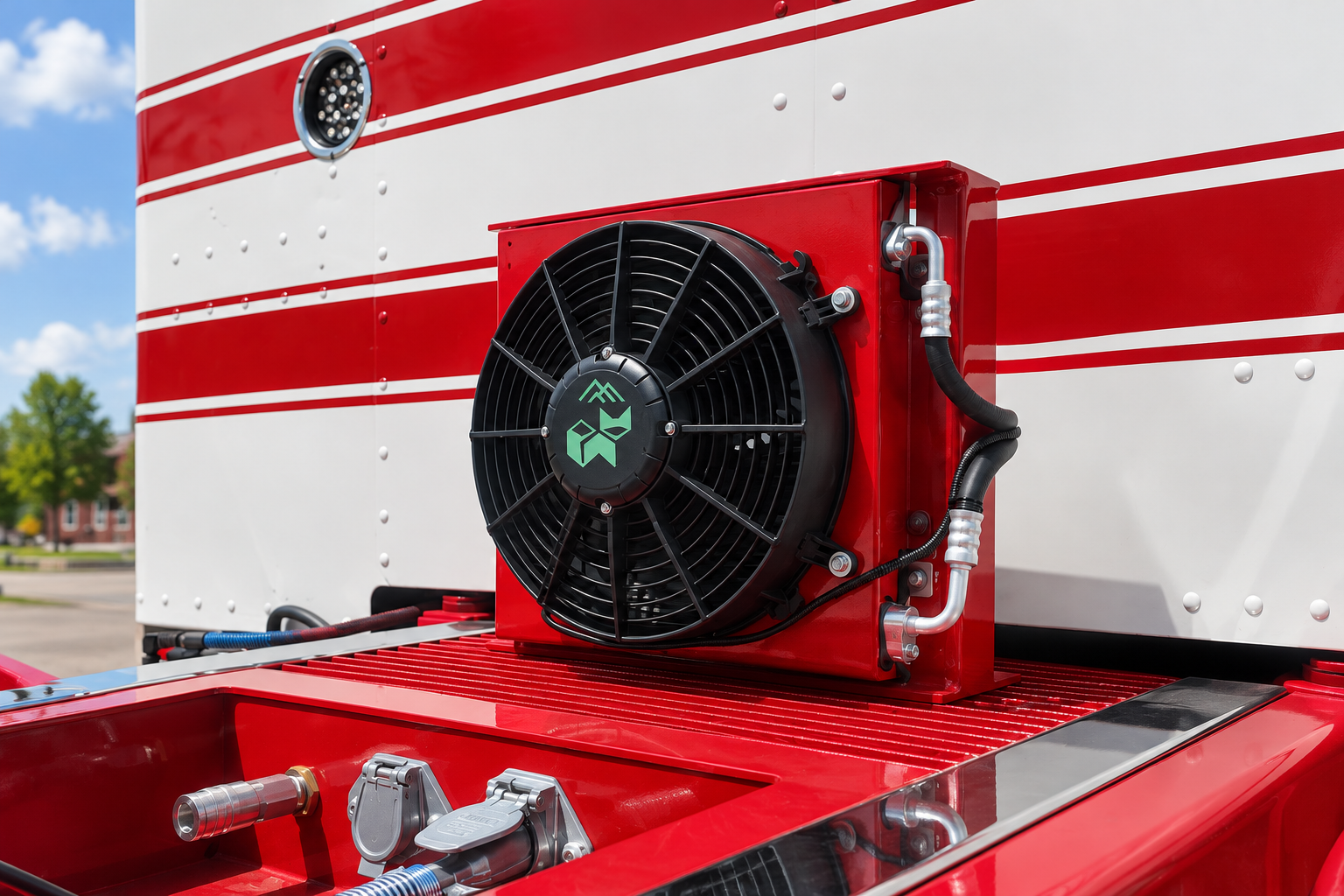 Polar Fox Elite condenser installed behind a red and white sleeper truck cab