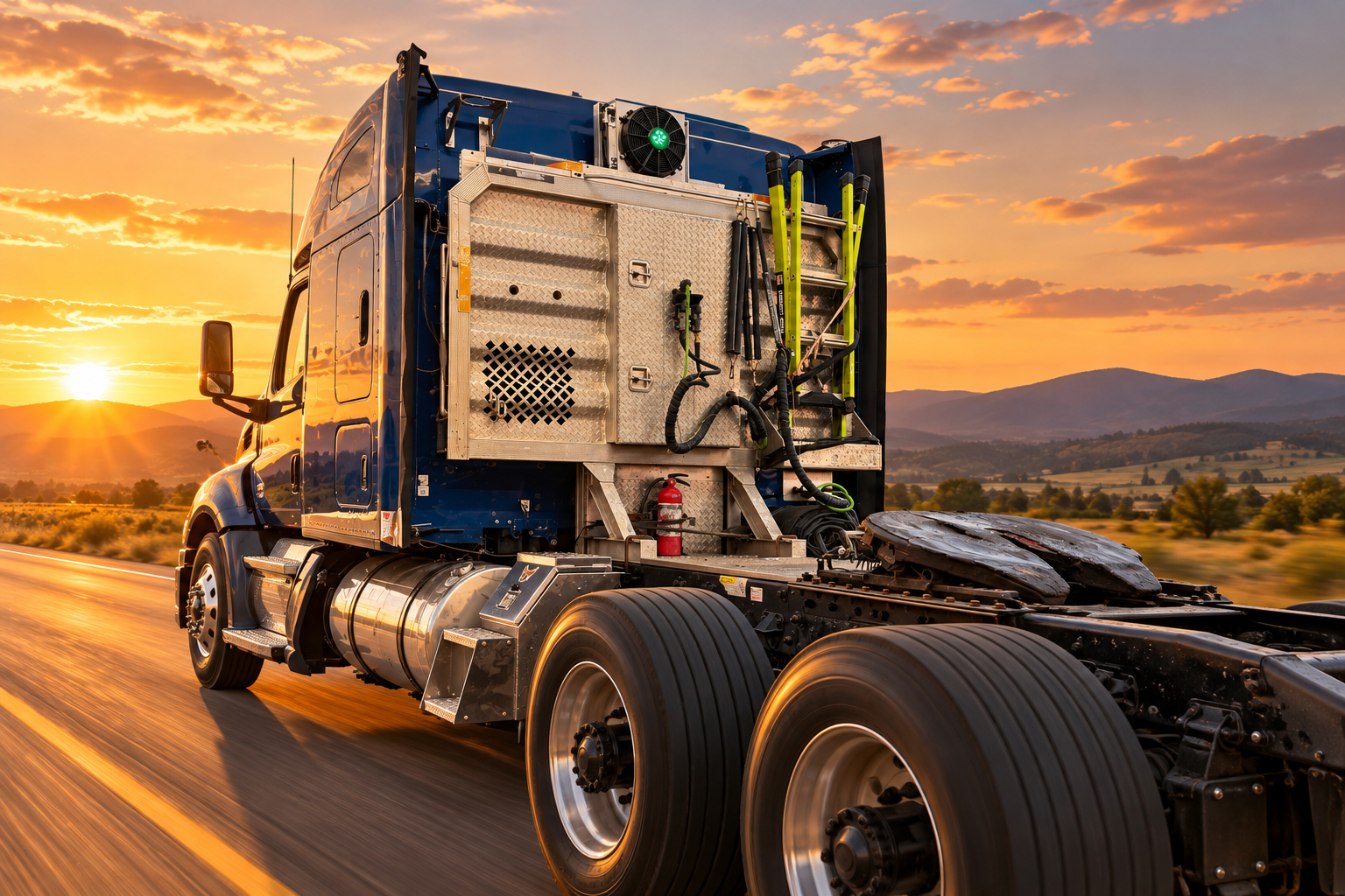 Blue sleeper truck on the road at sunset with a Polar Fox condenser mounted above its headache rack