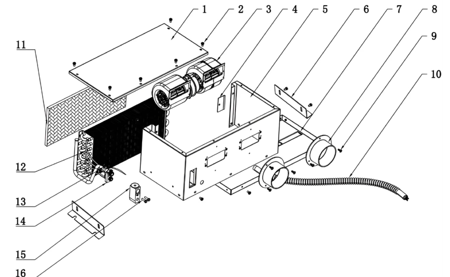 Exploded view of the Polar Fox Elite evaporator assembly