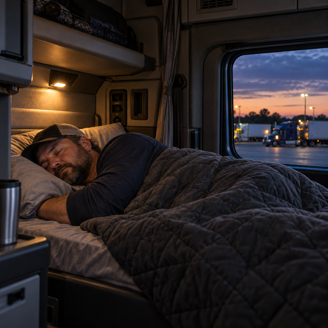 A driver resting in a parked truck sleeper