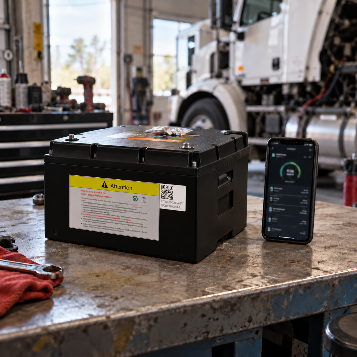 A lithium battery beside a phone showing a monitoring screen