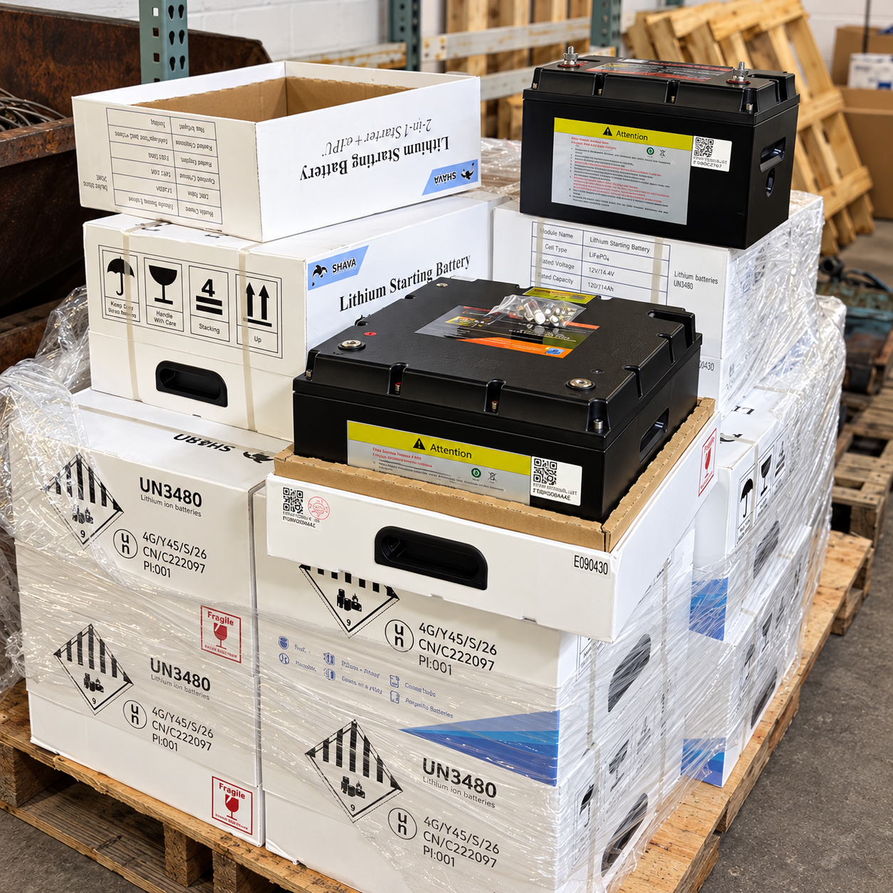 Real lithium batteries and packaged stock in the Polar Fox warehouse